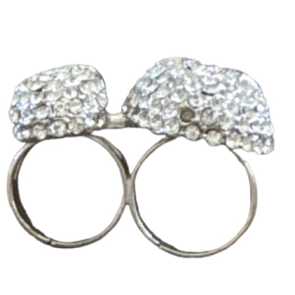 Double finger  Silver Crystal Skull Ring - Picture 3 of 3